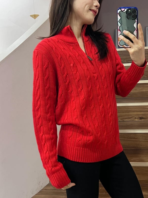 Pulover din amestec de lână, cu guler înalt cu fermoar parțial, tricotat cu model cablu, gros, mâneci lungi