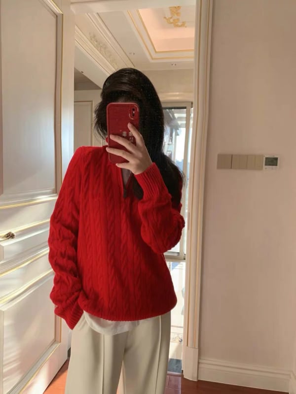 Pulover din amestec de lână, cu guler înalt cu fermoar parțial, tricotat cu model cablu, gros, mâneci lungi