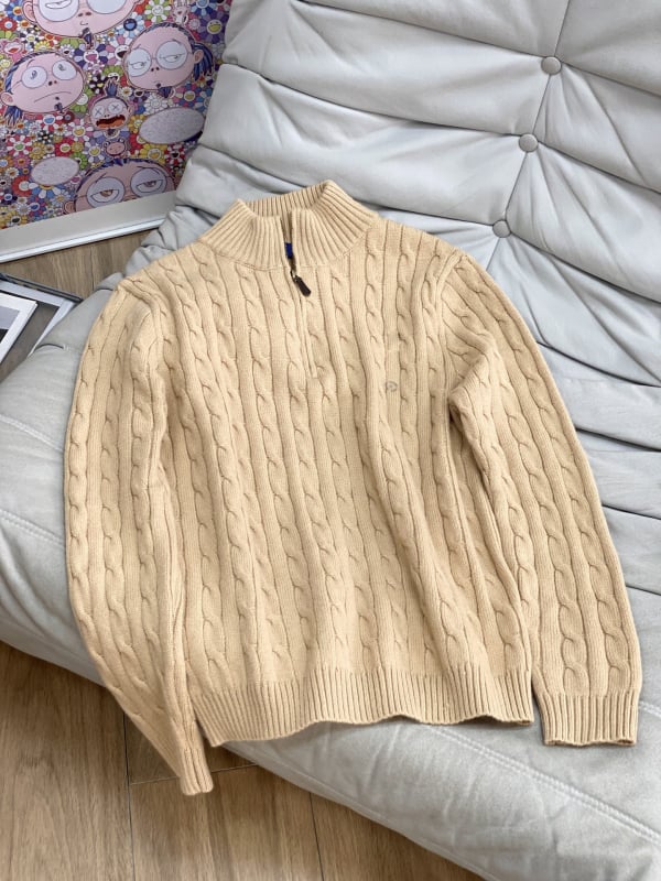 Pulover din amestec de lână, cu guler înalt cu fermoar parțial, tricotat cu model cablu, gros, mâneci lungi