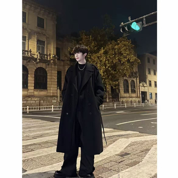 Palton bărbătesc din poliester, închidere dublă, guler în stil sacou, lungime medie, croială lejeră