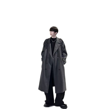 Palton bărbătesc din poliester, închidere dublă, guler în stil sacou, lungime medie, croială lejeră