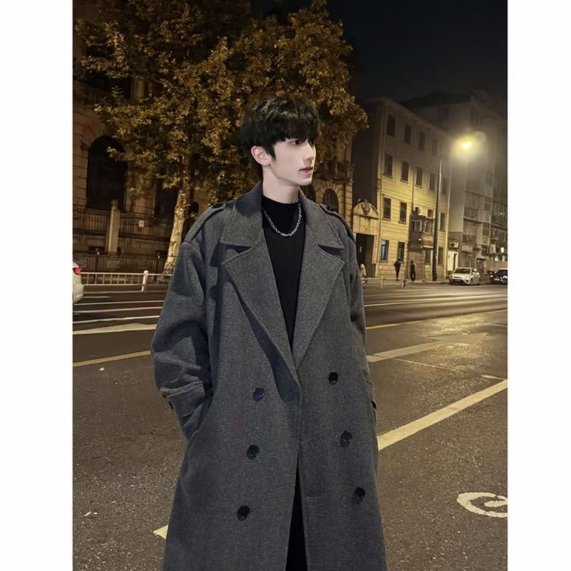 Palton bărbătesc din poliester, închidere dublă, guler în stil sacou, lungime medie, croială lejeră