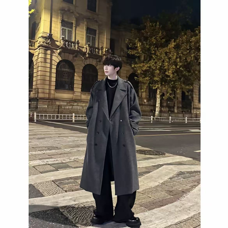 Palton bărbătesc din poliester, închidere dublă, guler în stil sacou, lungime medie, croială lejeră