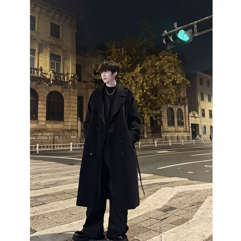 Palton bărbătesc din poliester, închidere dublă, guler în stil sacou, lungime medie, croială lejeră