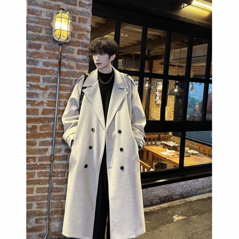 Palton bărbătesc din poliester, închidere dublă, guler în stil sacou, lungime medie, croială lejeră