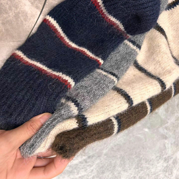 Korejskog stila prugasti kardigan-pulover od vunene smjese, okrugli izrez i dugi rukavi