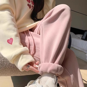 Pantaloni trening cu fleece dublu căptușiți, talie înaltă, croială lejeră, stil Haarem