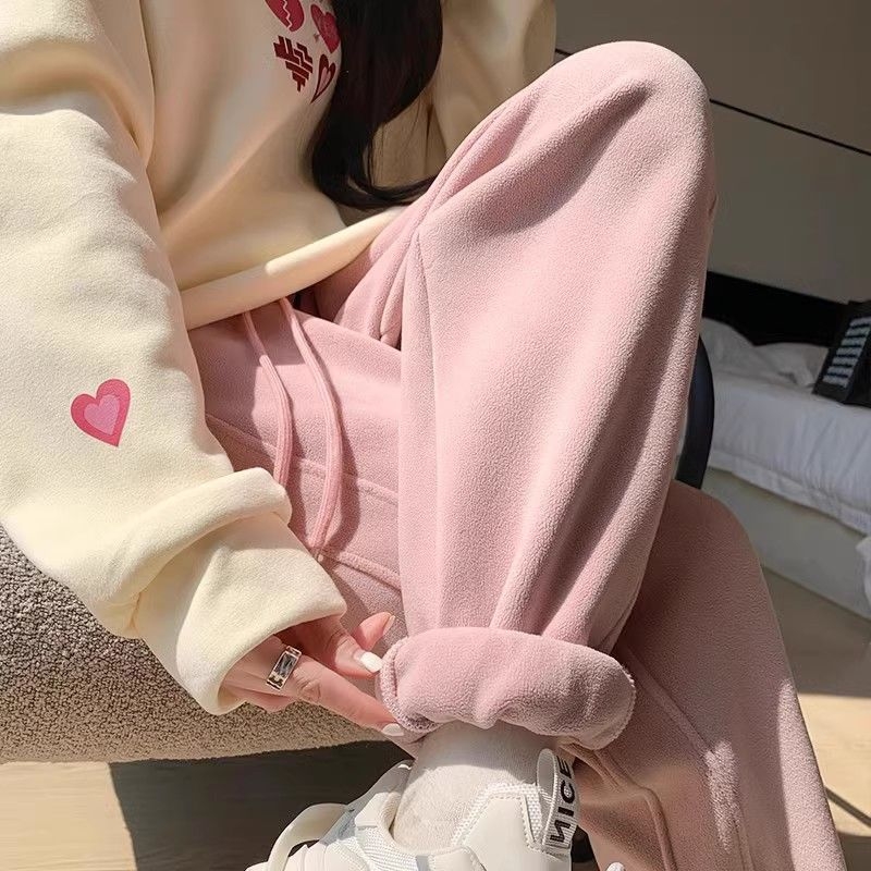 Pantaloni trening cu fleece dublu căptușiți, talie înaltă, croială lejeră, stil Haarem