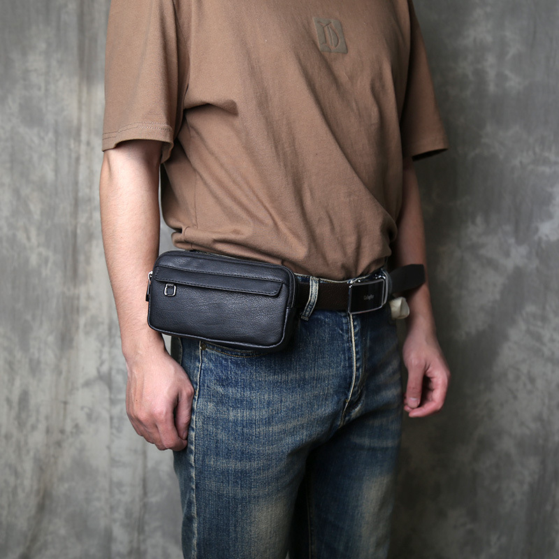 Geantă de talie pentru bărbați din piele naturală, primul strat de piele, compartimente multiple, căptușeală din poliester