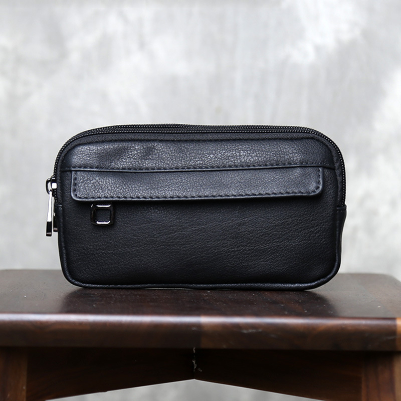 Geantă de talie pentru bărbați din piele naturală, primul strat de piele, compartimente multiple, căptușeală din poliester