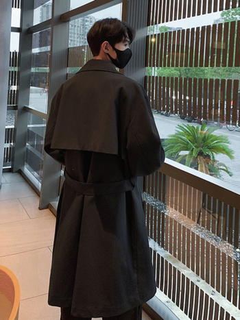 Palton bărbați tip windbreaker, rever, guler detașabil, nasturi dubli, curea, croială lejeră, Modal-Spandex, buzunare laterale, primăvară