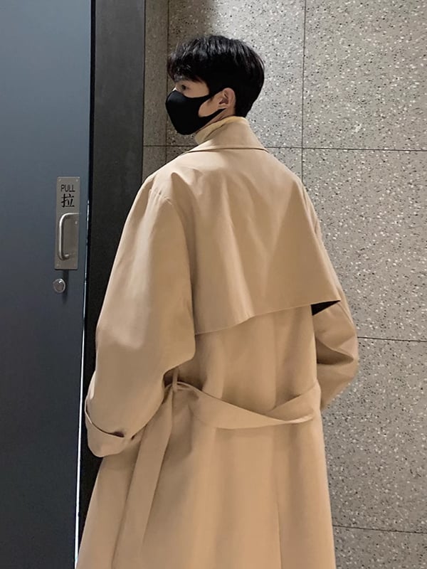 Palton bărbați tip windbreaker, rever, guler detașabil, nasturi dubli, curea, croială lejeră, Modal-Spandex, buzunare laterale, primăvară