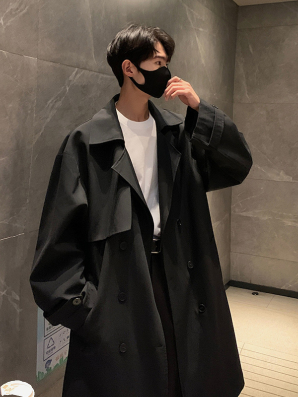 Palton bărbați tip windbreaker, rever, guler detașabil, nasturi dubli, curea, croială lejeră, Modal-Spandex, buzunare laterale, primăvară