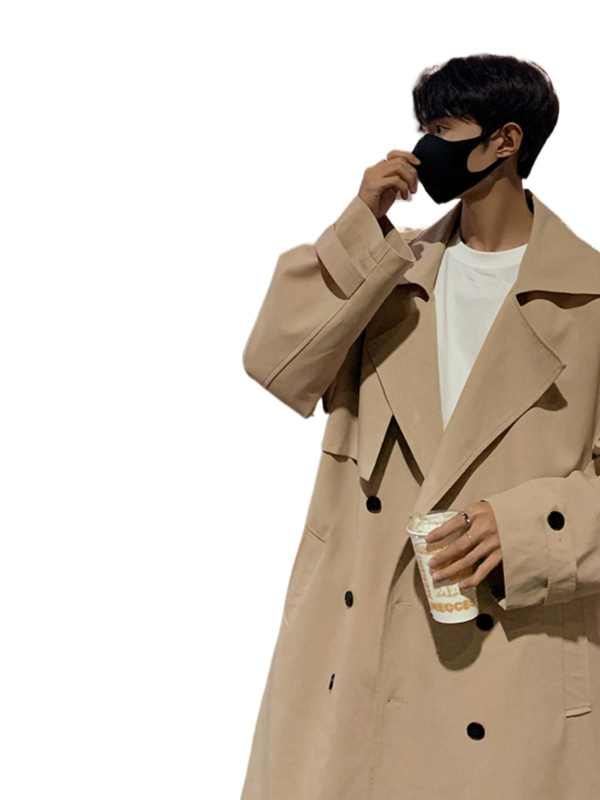 Palton bărbați tip windbreaker, rever, guler detașabil, nasturi dubli, curea, croială lejeră, Modal-Spandex, buzunare laterale, primăvară