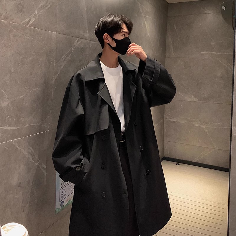 Palton bărbați tip windbreaker, rever, guler detașabil, nasturi dubli, curea, croială lejeră, Modal-Spandex, buzunare laterale, primăvară