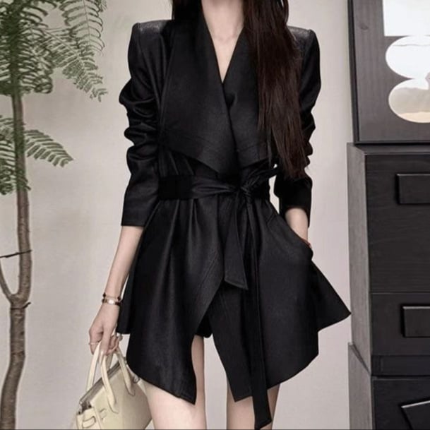 Blazer dama cu șnururi în stil coreean, decolteu în V, fără mâneci, țesătură chenille, amestec poliester, grosime medie, croială normală