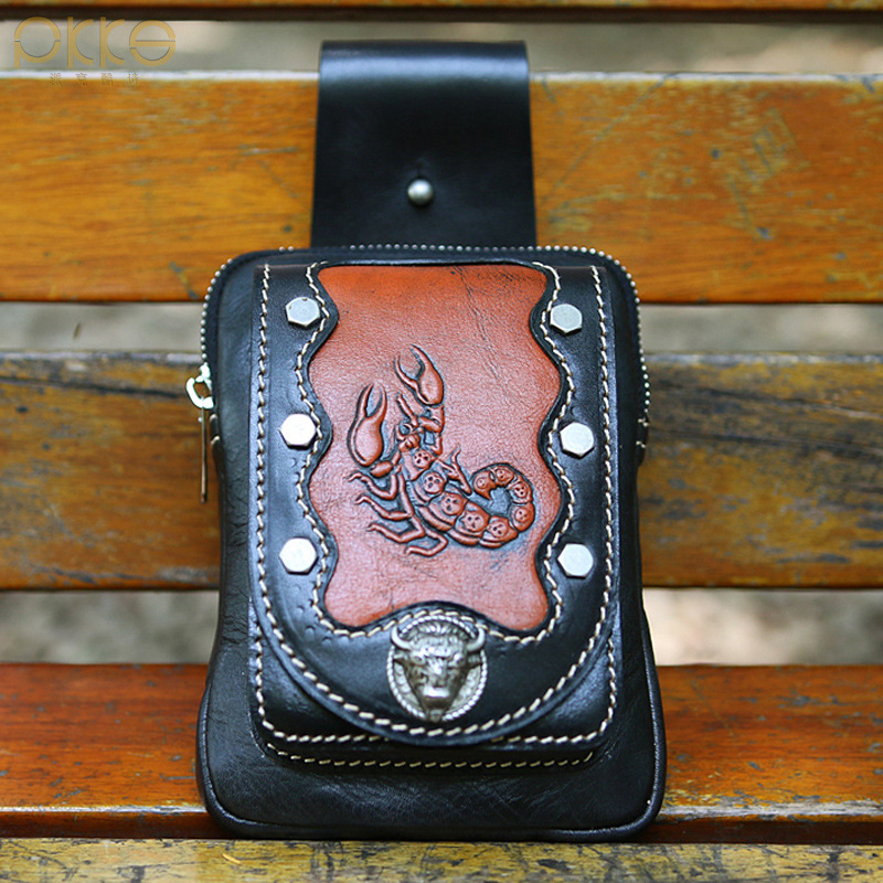 Geantă de talie pentru bărbați, din piele naturală de vițel, siluetă verticală pătrată mini, închidere cu fermoar și magnet, model 16102