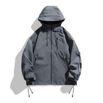 Geacă bărbătească cu glugă anti-vânt – închidere cu fermoar, guler înalt, pentru toate anotimpurile, material din amestec de bumbac-poliester, cu buzunare multiple