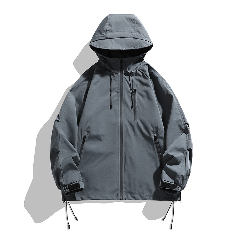 Geacă bărbătească cu glugă anti-vânt – închidere cu fermoar, guler înalt, pentru toate anotimpurile, material din amestec de bumbac-poliester, cu buzunare multiple