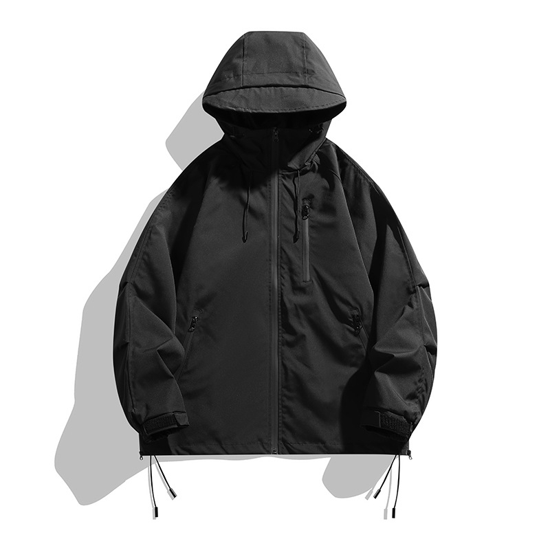 Geacă bărbătească cu glugă anti-vânt – închidere cu fermoar, guler înalt, pentru toate anotimpurile, material din amestec de bumbac-poliester, cu buzunare multiple