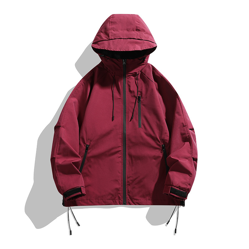 Geacă bărbătească cu glugă anti-vânt – închidere cu fermoar, guler înalt, pentru toate anotimpurile, material din amestec de bumbac-poliester, cu buzunare multiple