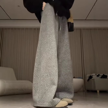 Pantaloni largi cu căptușeală fleece și strasuri, talie înaltă, poliester (90–95%)