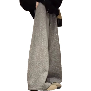 Pantaloni largi cu căptușeală fleece și strasuri, talie înaltă, poliester (90–95%)