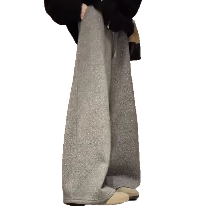 Pantaloni largi cu căptușeală fleece și strasuri, talie înaltă, poliester (90–95%)