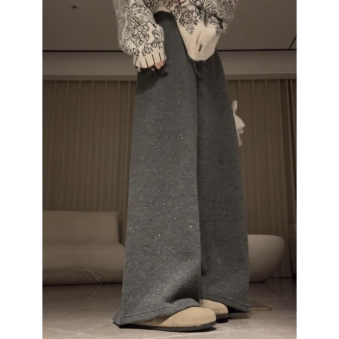 Pantaloni largi cu căptușeală fleece și strasuri, talie înaltă, poliester (90–95%)