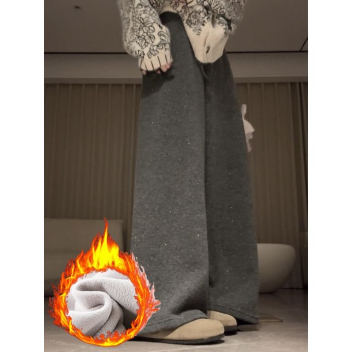 Pantaloni largi cu căptușeală fleece și strasuri, talie înaltă, poliester (90–95%)