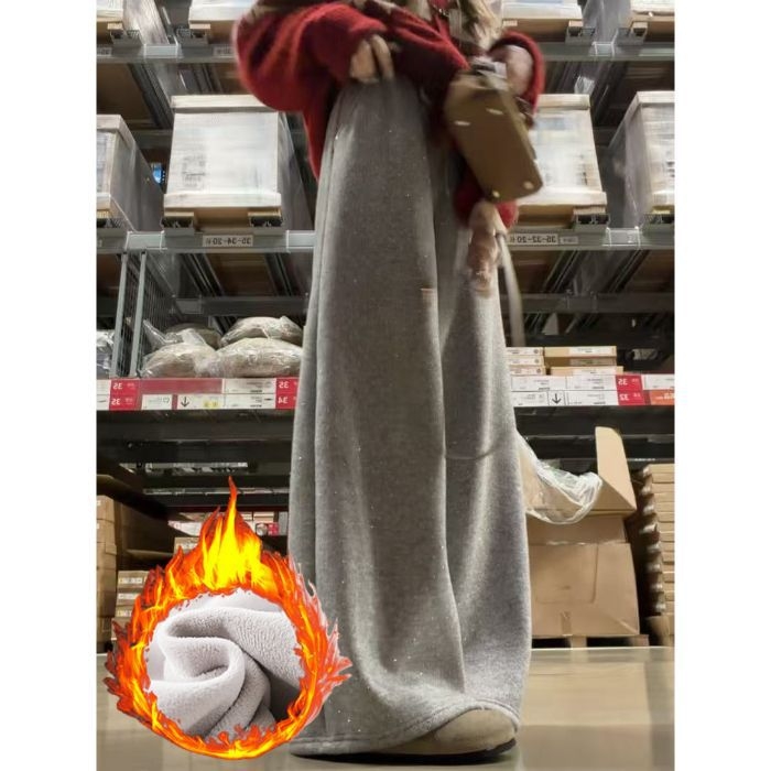 Pantaloni largi cu căptușeală fleece și strasuri, talie înaltă, poliester (90–95%)