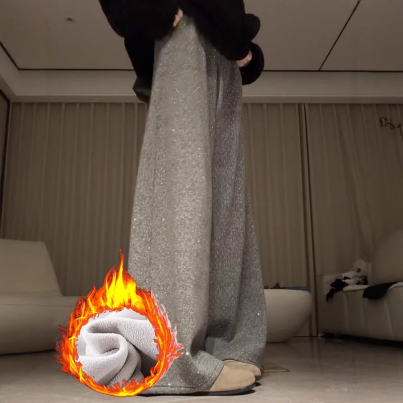 Pantaloni largi cu căptușeală fleece și strasuri, talie înaltă, poliester (90–95%)