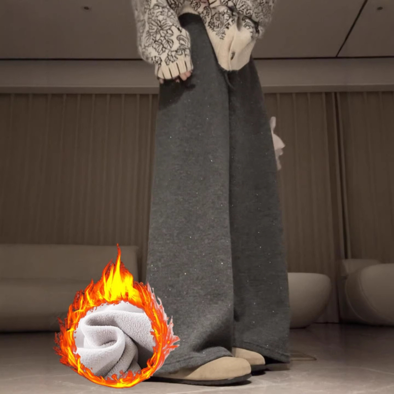 Pantaloni largi cu căptușeală fleece și strasuri, talie înaltă, poliester (90–95%)