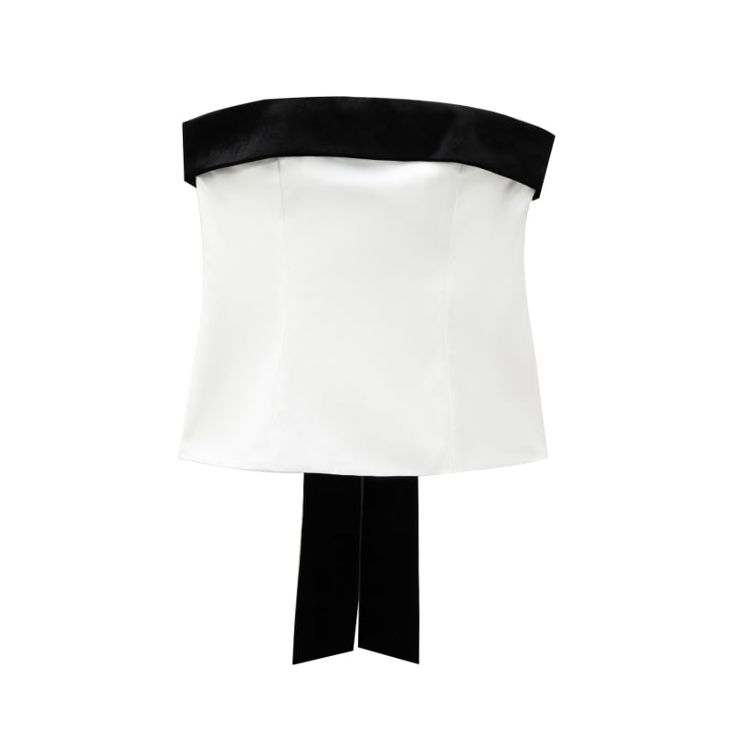 6920 Őszi 2024 Női váll nélküli top, színblokkoló patchwork és masni – poliészter