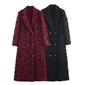 Palton lung din poliester pentru femei, nasturi dubli, guler turn-down, mâneci lungi, lungime extinsă, stil elegant urban european-american