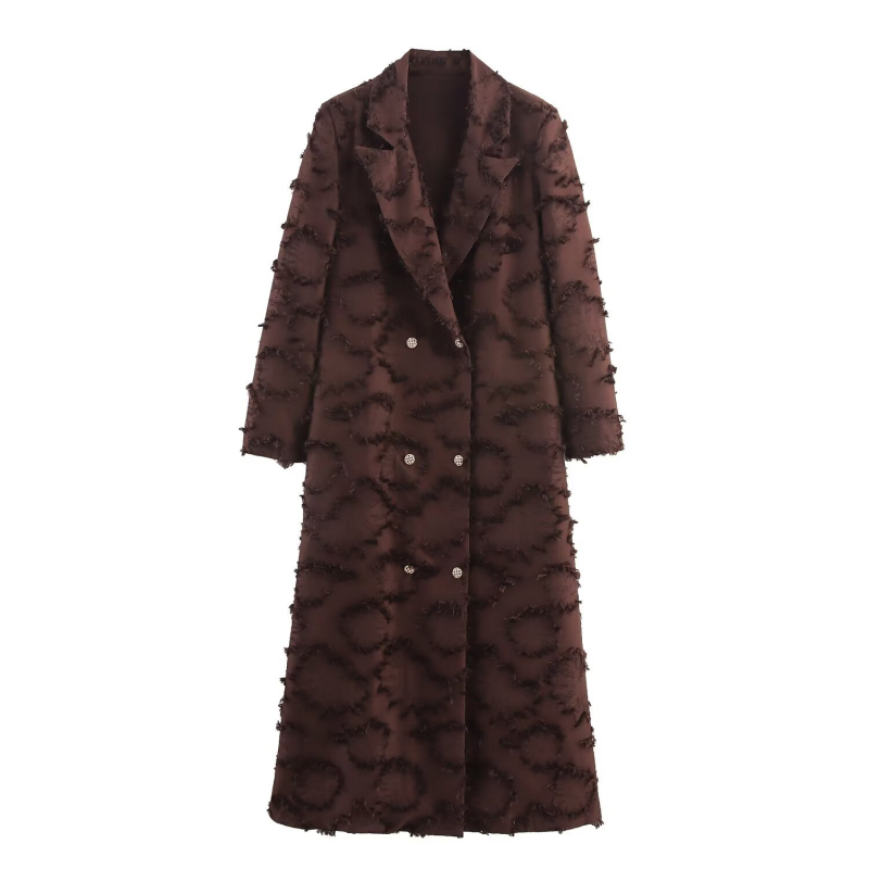 Palton lung din poliester pentru femei, nasturi dubli, guler turn-down, mâneci lungi, lungime extinsă, stil elegant urban european-american