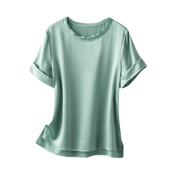 Tricou din mătase Mulberry pentru femei, croială lejeră, mâneci scurte, guler rotund, uni, lungime normală (50–65 cm)