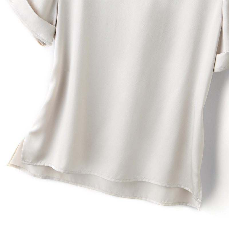 Tricou din mătase Mulberry pentru femei, croială lejeră, mâneci scurte, guler rotund, uni, lungime normală (50–65 cm)