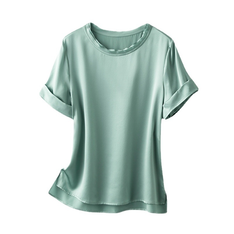 Tricou din mătase Mulberry pentru femei, croială lejeră, mâneci scurte, guler rotund, uni, lungime normală (50–65 cm)