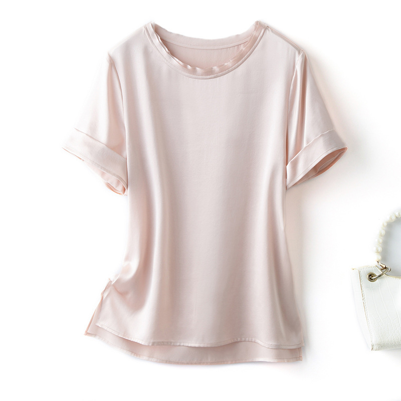 Tricou din mătase Mulberry pentru femei, croială lejeră, mâneci scurte, guler rotund, uni, lungime normală (50–65 cm)
