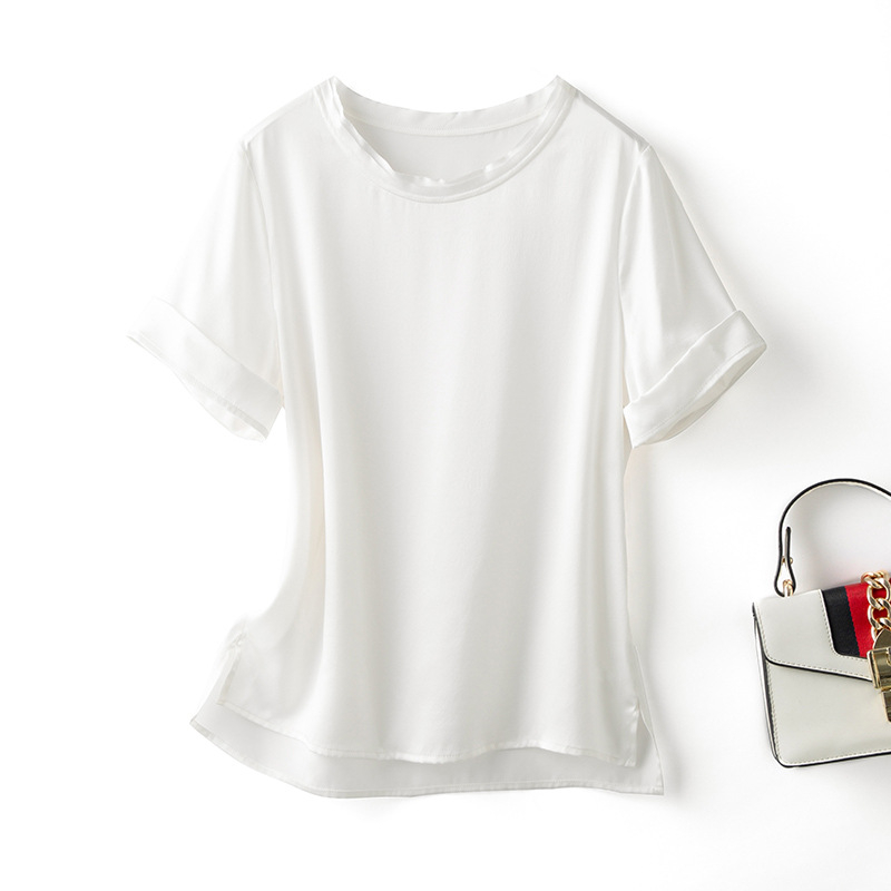 Tricou din mătase Mulberry pentru femei, croială lejeră, mâneci scurte, guler rotund, uni, lungime normală (50–65 cm)