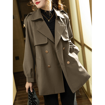 Palton trench mediu din chenille cu elastan, culoare uni, mâneci lantern, închiderea cu nasturi dubli, croială slim