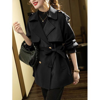 Palton trench mediu din chenille cu elastan, culoare uni, mâneci lantern, închiderea cu nasturi dubli, croială slim