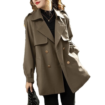 Palton trench mediu din chenille cu elastan, culoare uni, mâneci lantern, închiderea cu nasturi dubli, croială slim