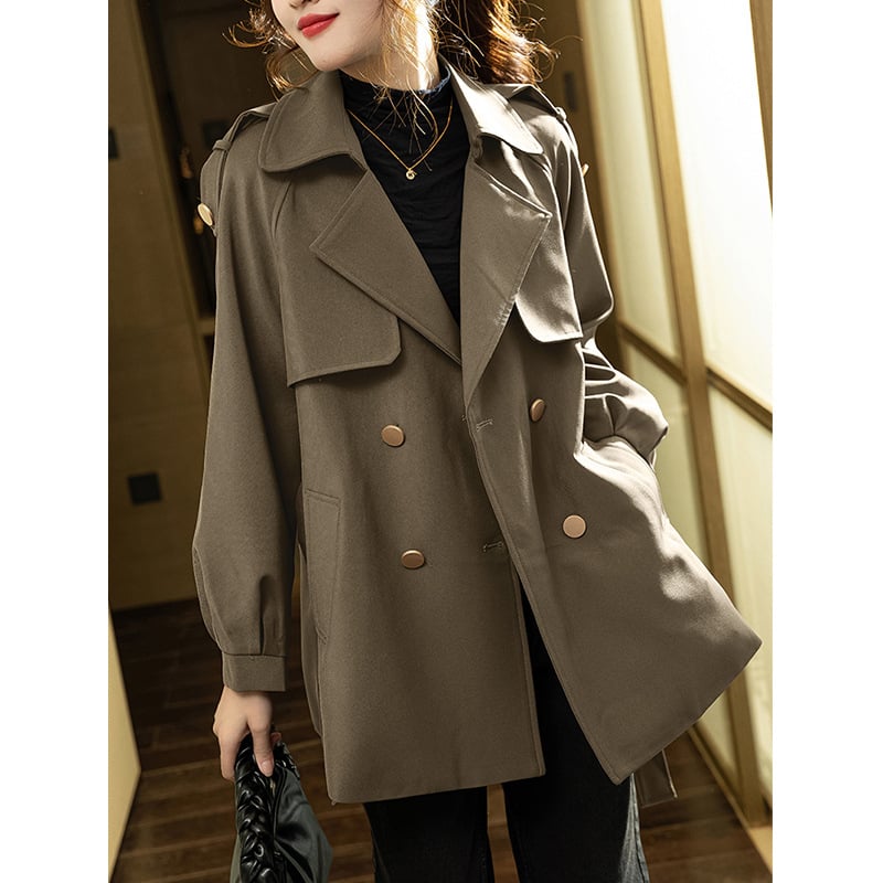 Palton trench mediu din chenille cu elastan, culoare uni, mâneci lantern, închiderea cu nasturi dubli, croială slim