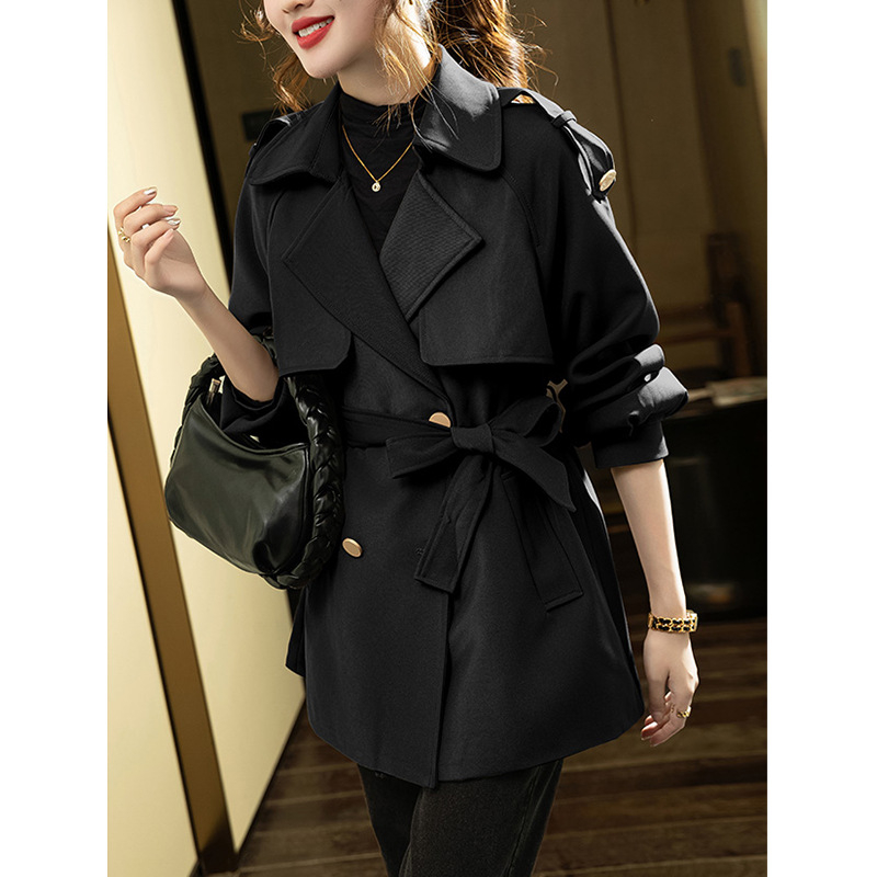 Palton trench mediu din chenille cu elastan, culoare uni, mâneci lantern, închiderea cu nasturi dubli, croială slim