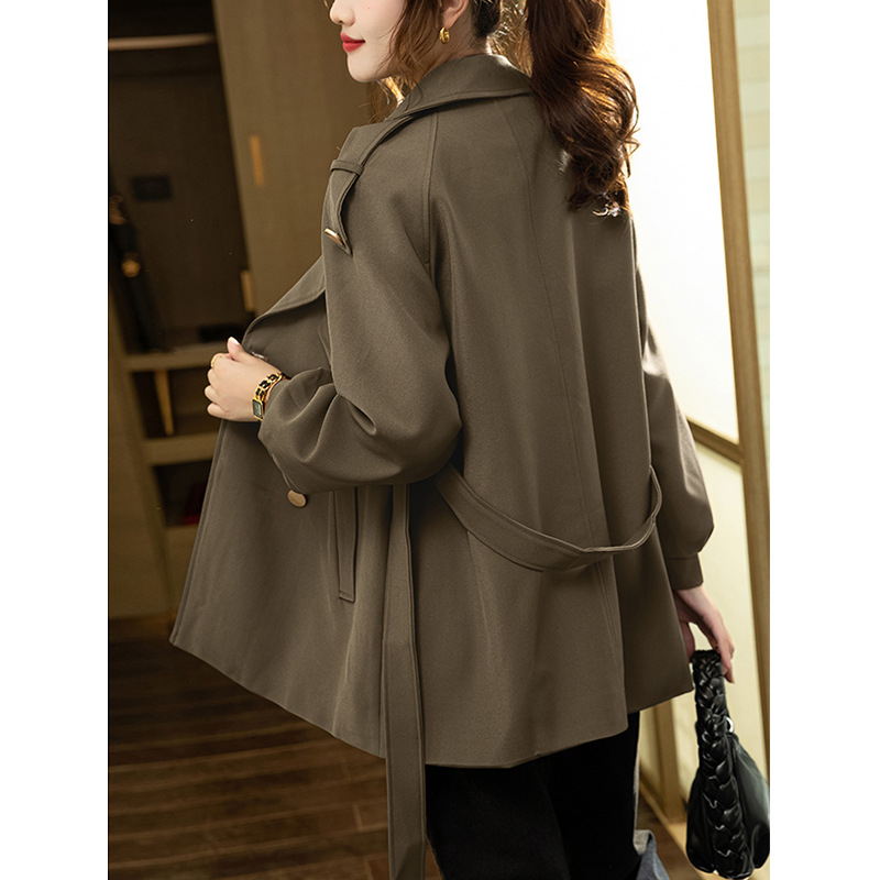 Palton trench mediu din chenille cu elastan, culoare uni, mâneci lantern, închiderea cu nasturi dubli, croială slim