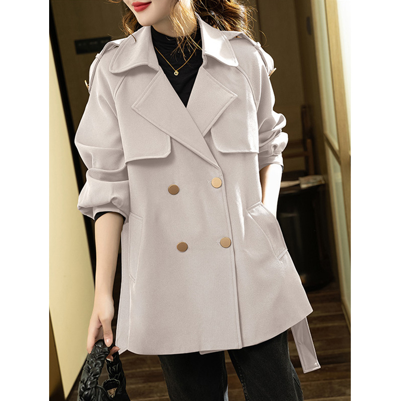 Palton trench mediu din chenille cu elastan, culoare uni, mâneci lantern, închiderea cu nasturi dubli, croială slim