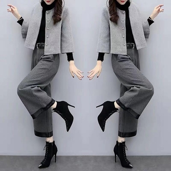 Set din lână două piese: geacă scurtă și pantaloni cu croială largă, uni, toamnă-iarnă, amestec lână-poliester-acril