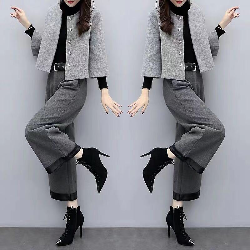 Set din lână două piese: geacă scurtă și pantaloni cu croială largă, uni, toamnă-iarnă, amestec lână-poliester-acril